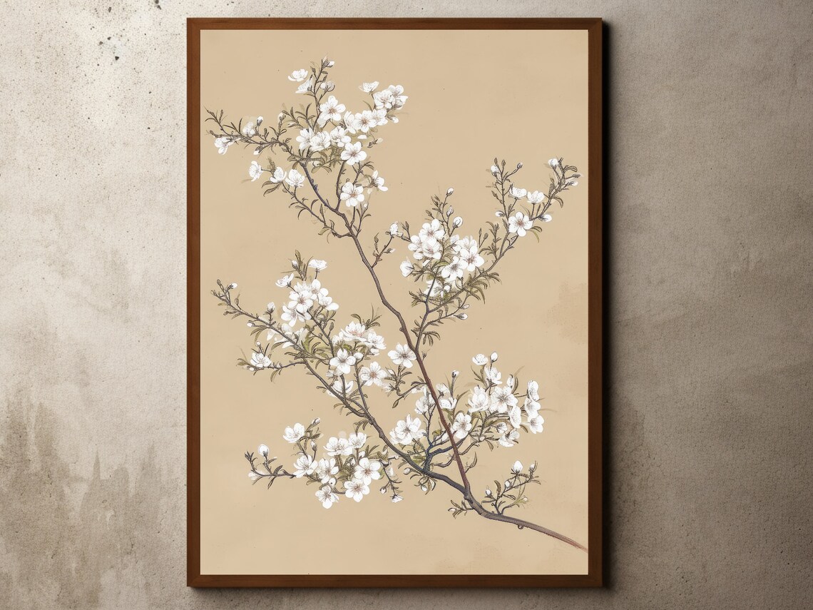 White Blossom Branch Vintage Botanical Illustration Beige Art Poster