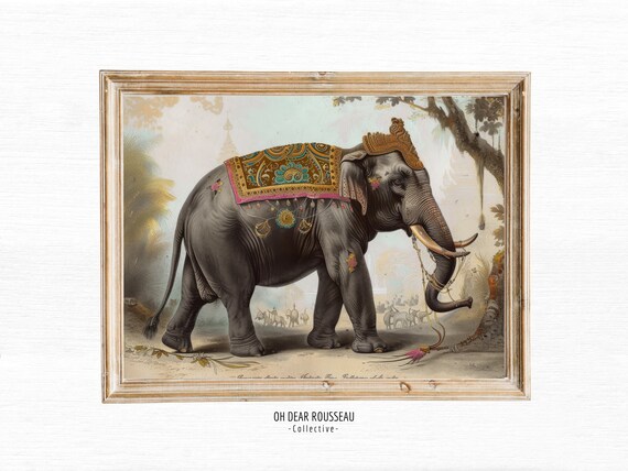 Vintage Antique Colonial Drawing Jungle Elephant Print Wall Art Heritage Travel British Style Elephants Tropical Decor