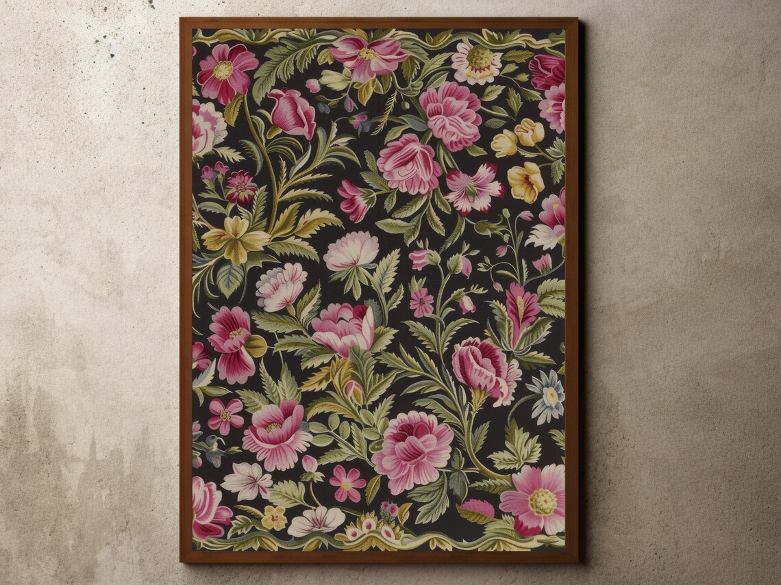 Pink Blossoms and Green Foliage Vintage Floral Pattern Art Poster