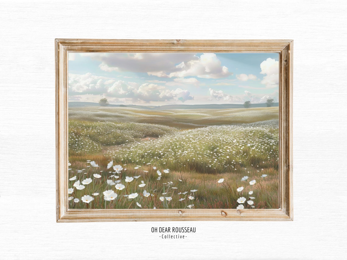White Wildflower Meadow Vintage Landscape Poster with Rustic Charm