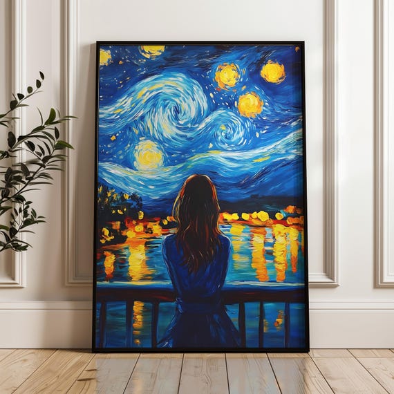 Van Gogh Woman Poster Starry Night Inspired Art Emotional Girl Silhouette Wall Decor For Reflective Boho Interiors
