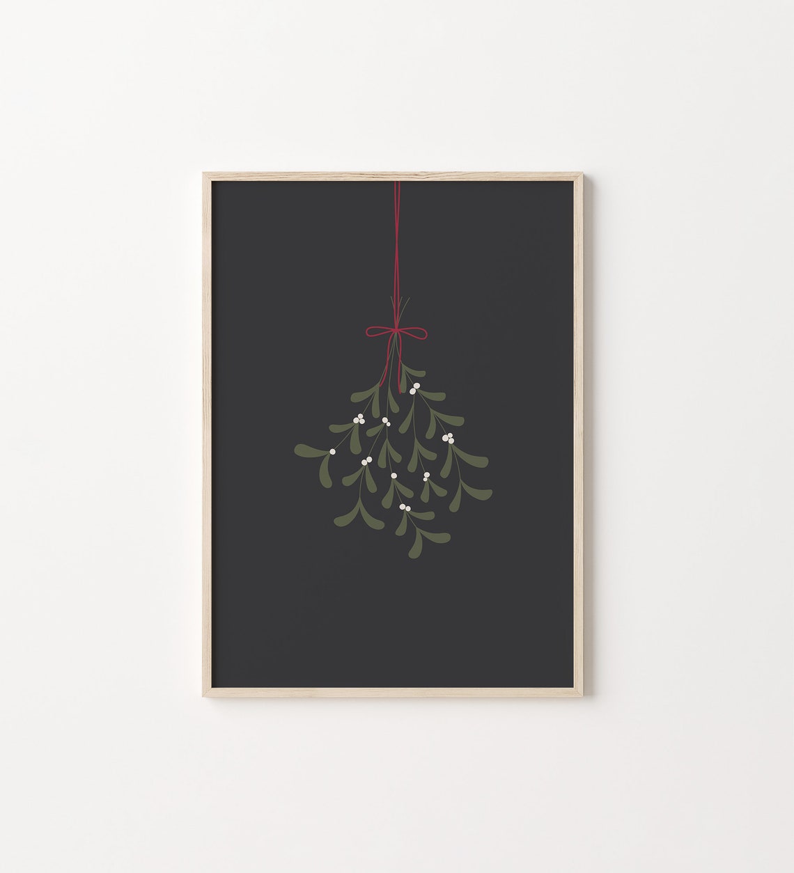 Hanging Mistletoe Red Bow Minimalist Black Christmas Holiday Wall Art