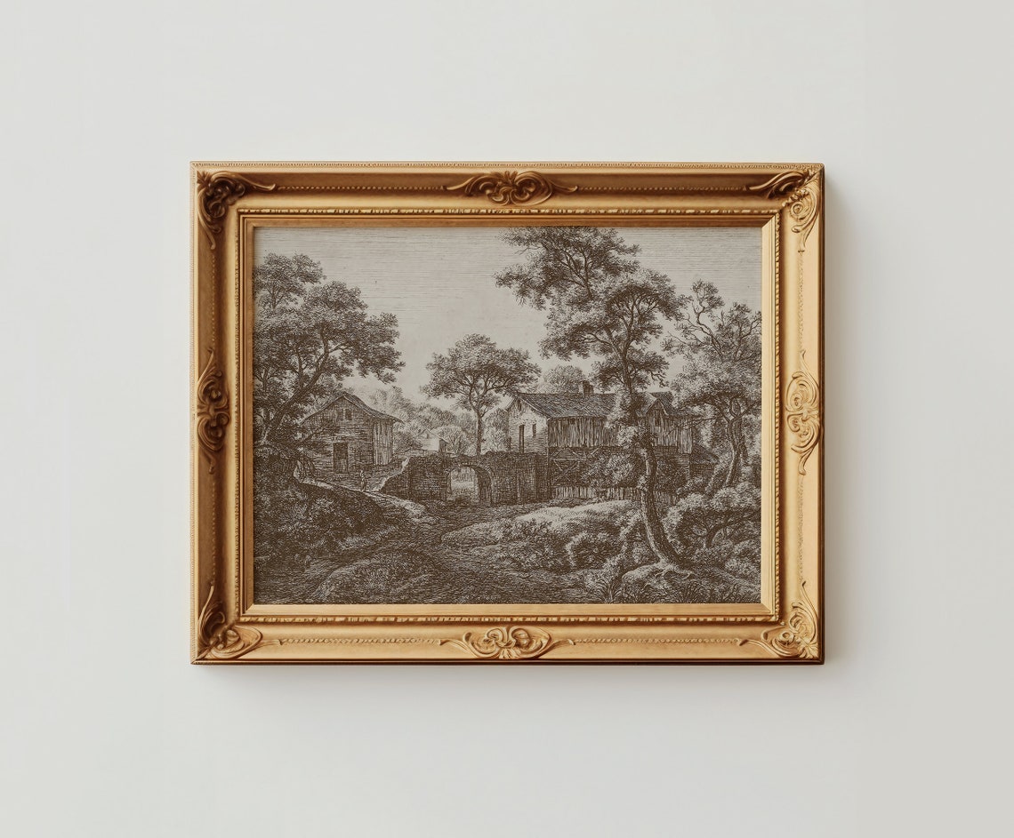Antique Rustic Farmhouse Ink Sketch Vintage Landscape Poster