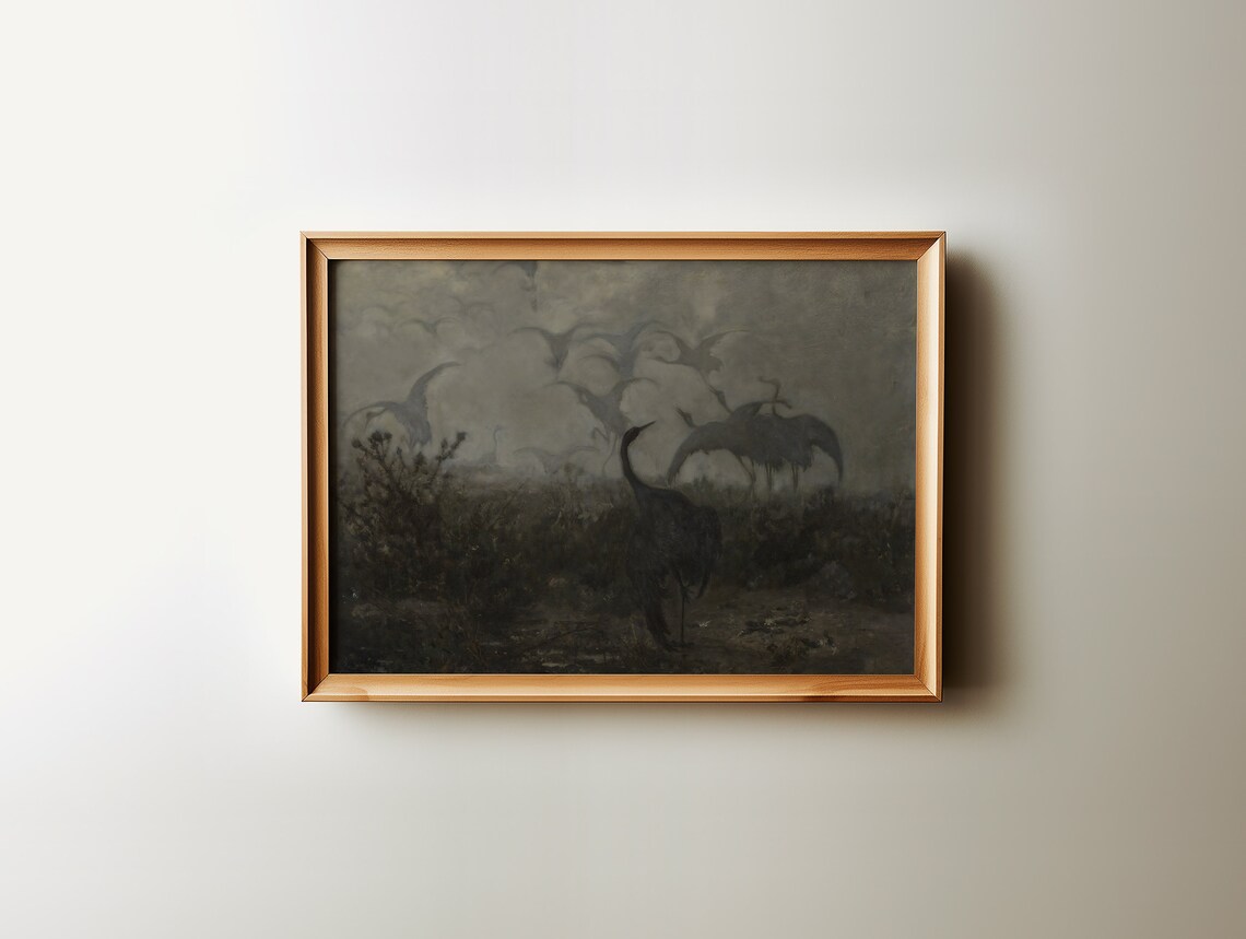 Moody Antique Oil Painting Of Cranes Flying Over Marshland Print - Image 2