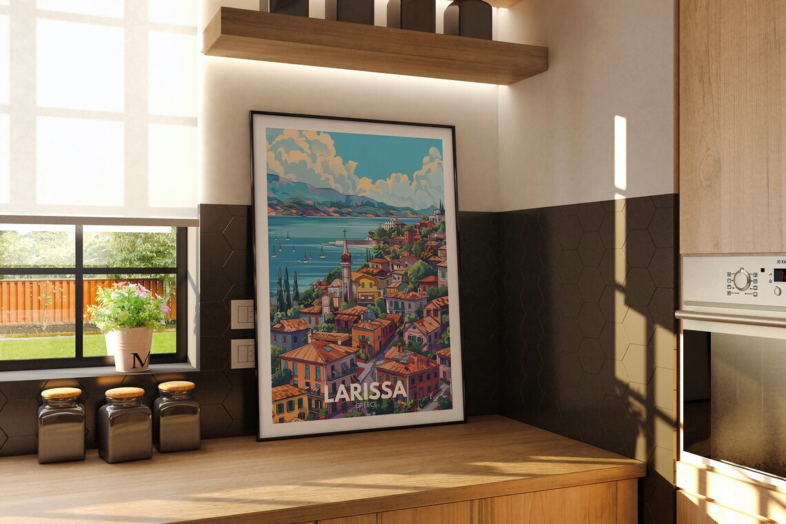 Larissa Greece Hillside Town Church Sailboats Coastal Poster - Image 2