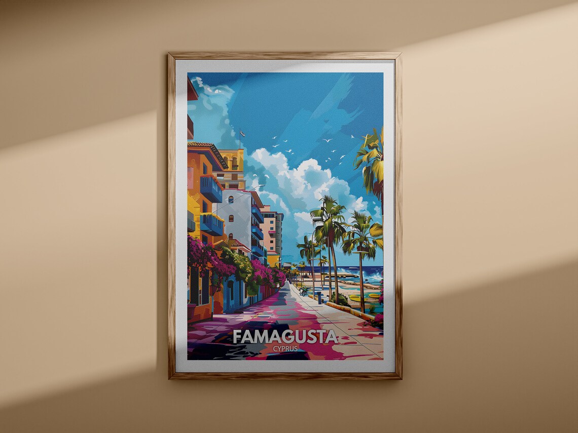 Famagusta Cyprus Seaside Promenade Colorful Old Town Travel Poster - Image 3