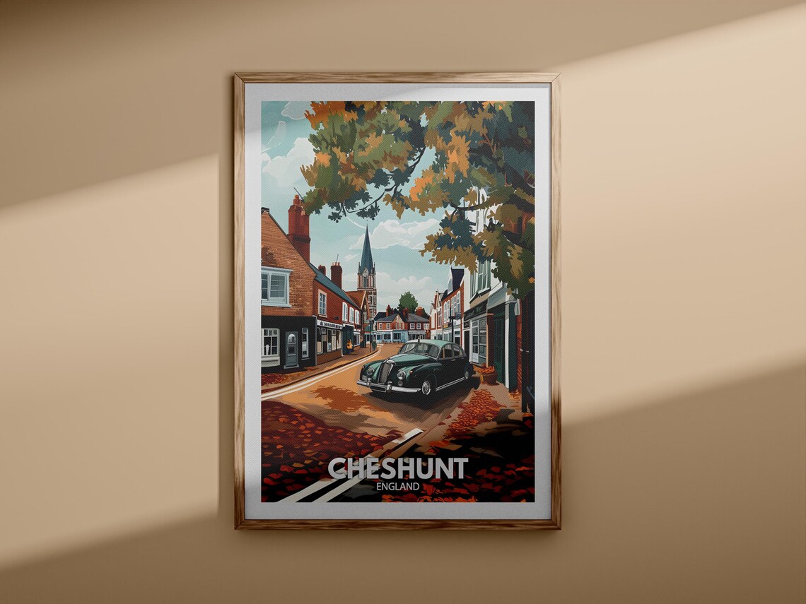 Cheshunt England Illustrated Town Travel Poster Autumn Street Scene - Image 3