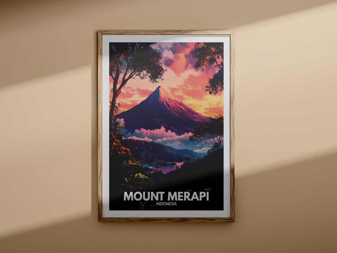 Mount Merapi Indonesia Volcano Sunset Vintage Travel Poster Art View - Image 3