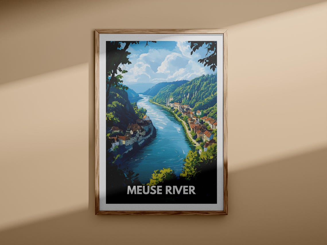 Meuse River Valley Town Between Green Hills Retro Travel Poster - Image 3