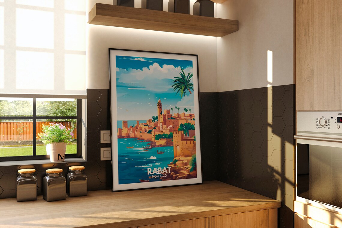 Rabat Morocco Coastal Kasbah Ocean View Vintage Travel Poster - Image 2