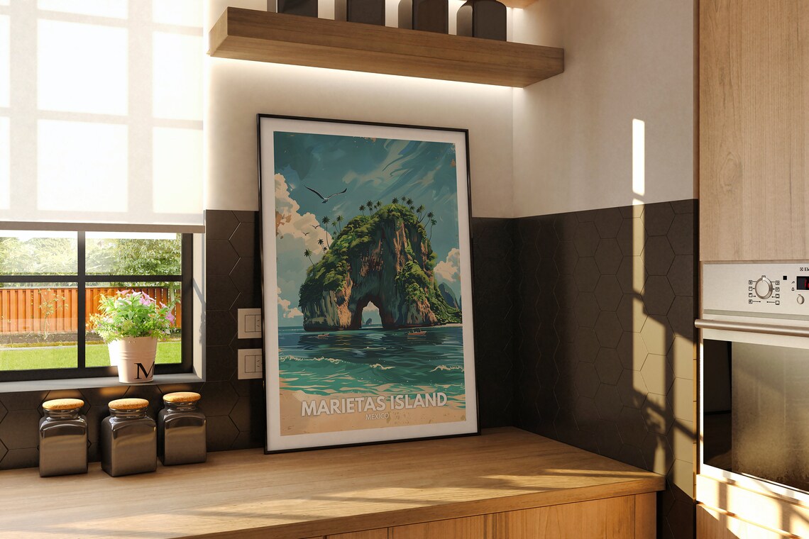 Marietas Island Mexico Rocky Arch Island Boats Seabirds Ocean Travel Poster - Image 2