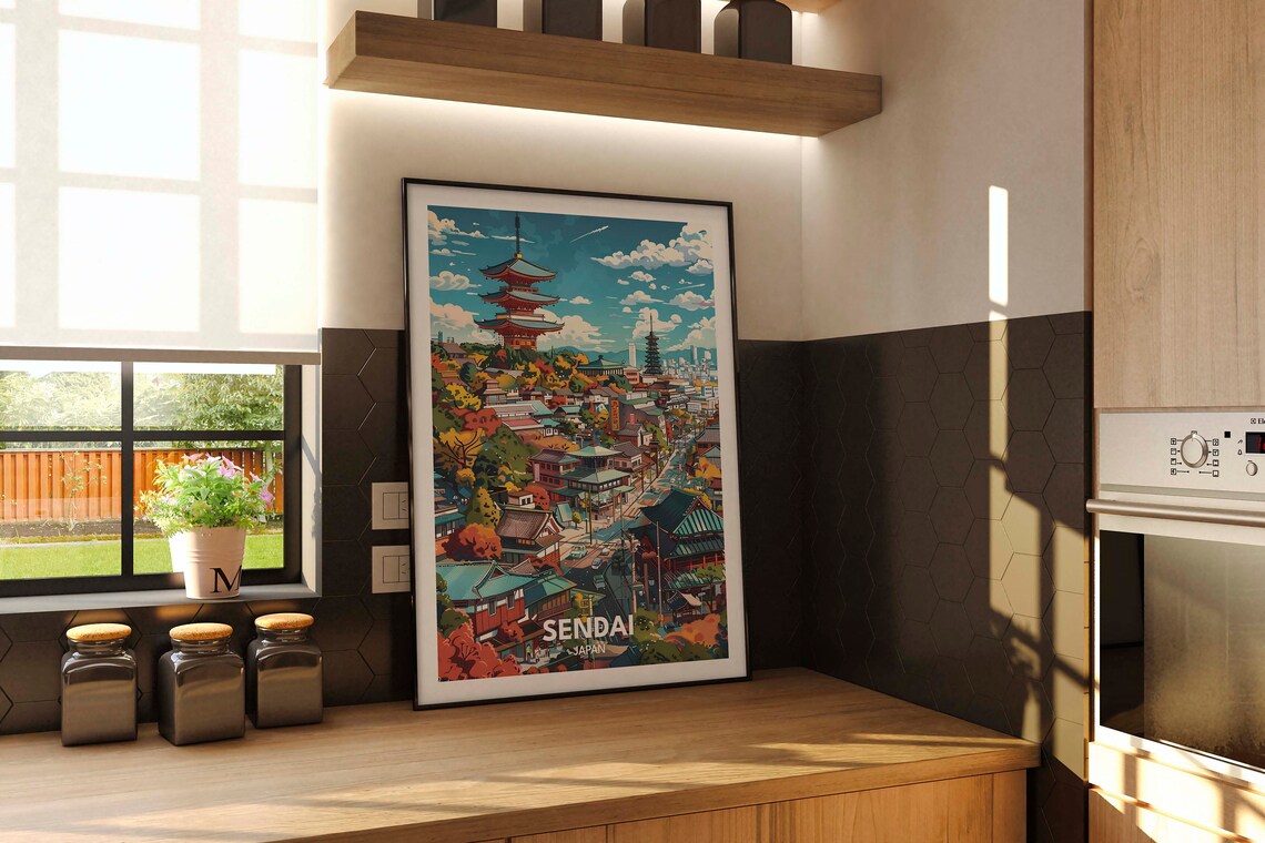 Sendai Japan Travel Poster Five Story Pagoda Autumn Cityscape View - Image 2