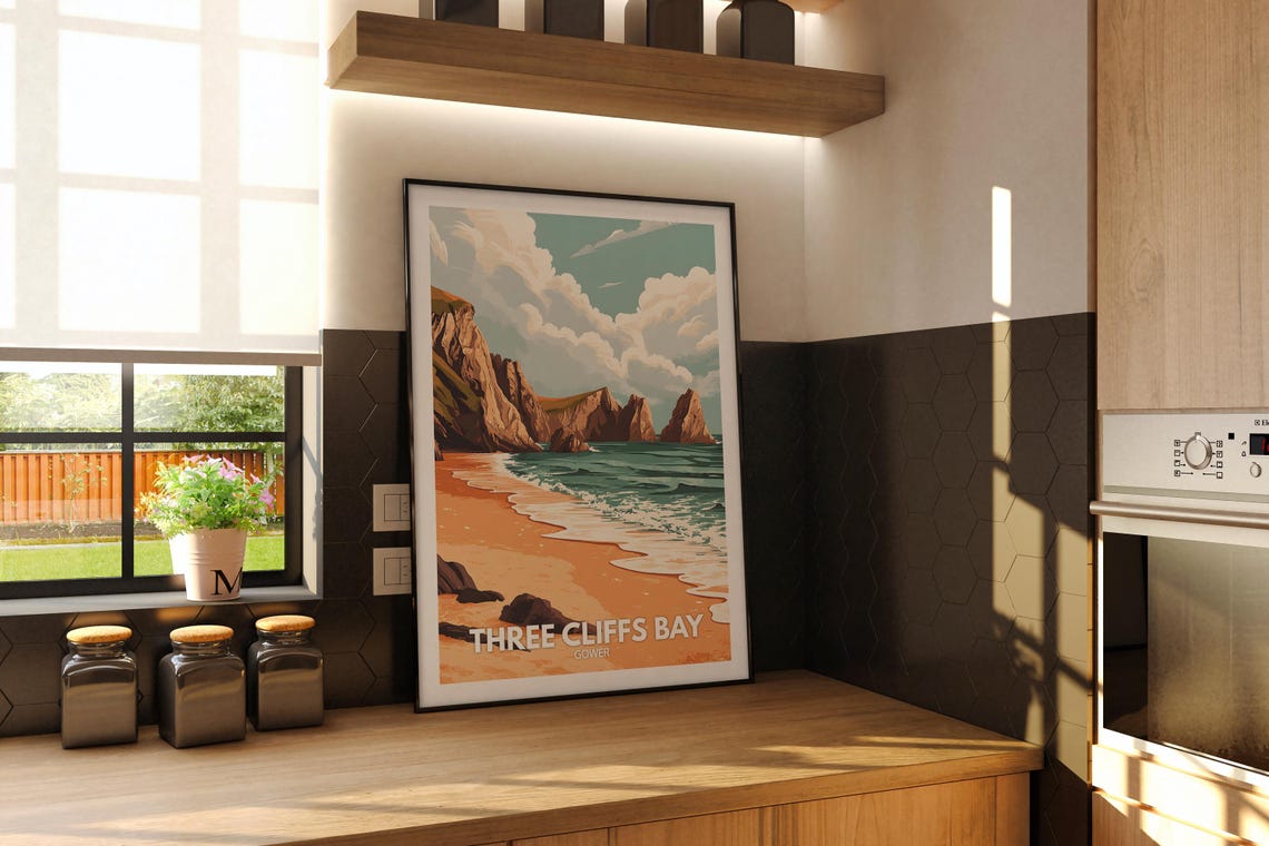 Three Cliffs Bay Gower Limestone Cliffs Orange Sand Beach Poster - Image 2