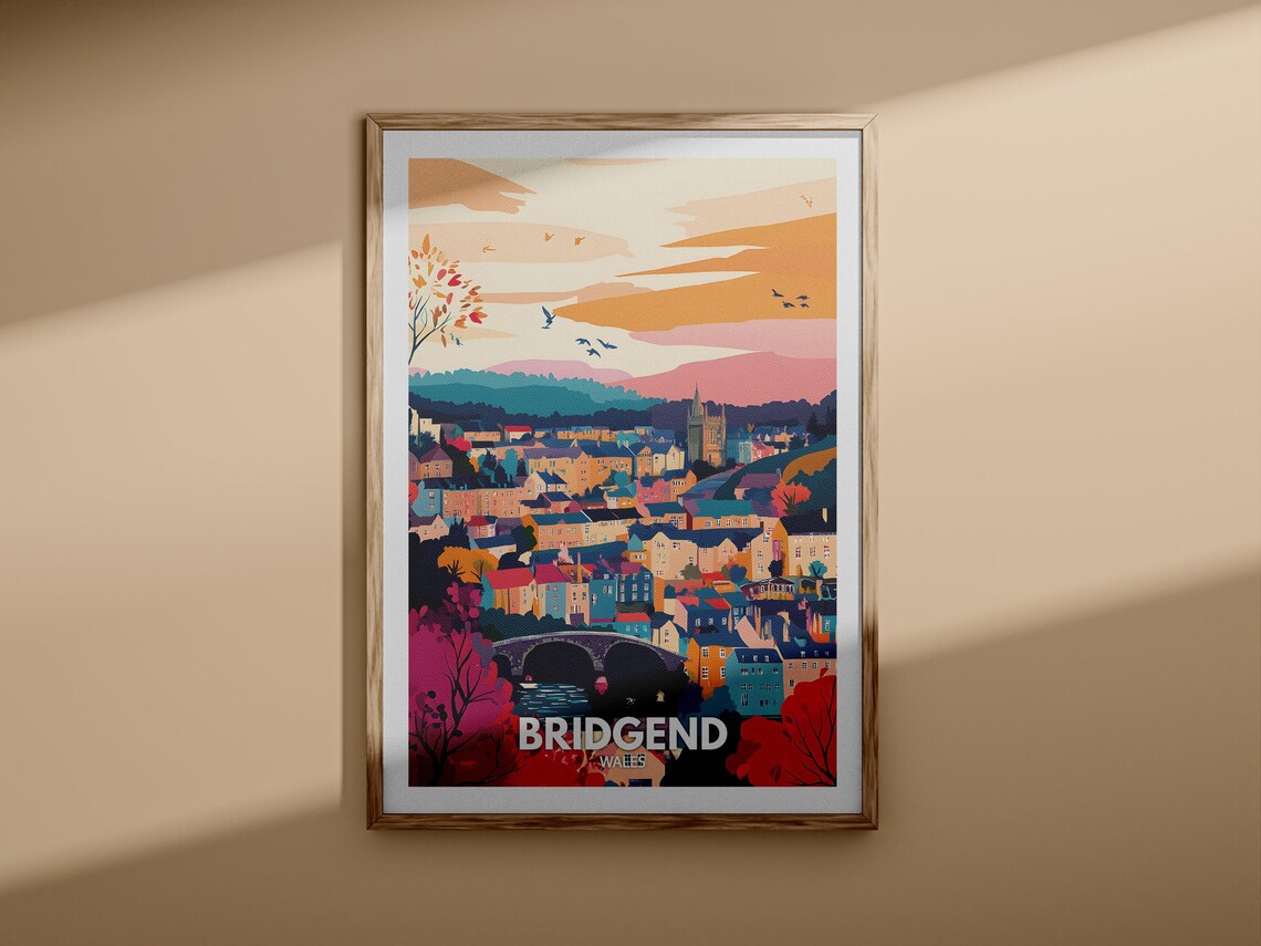 Bridgend Wales Illustrated Town Travel Poster Sunset Bridge Scene - Image 3