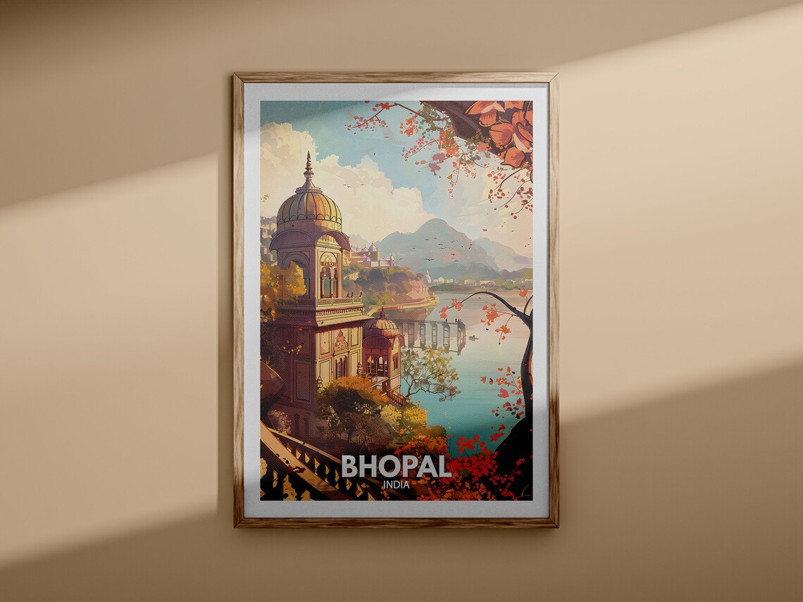 Bhopal India Lakeside Palace Autumn Sunset Vintage Travel Poster - Image 3
