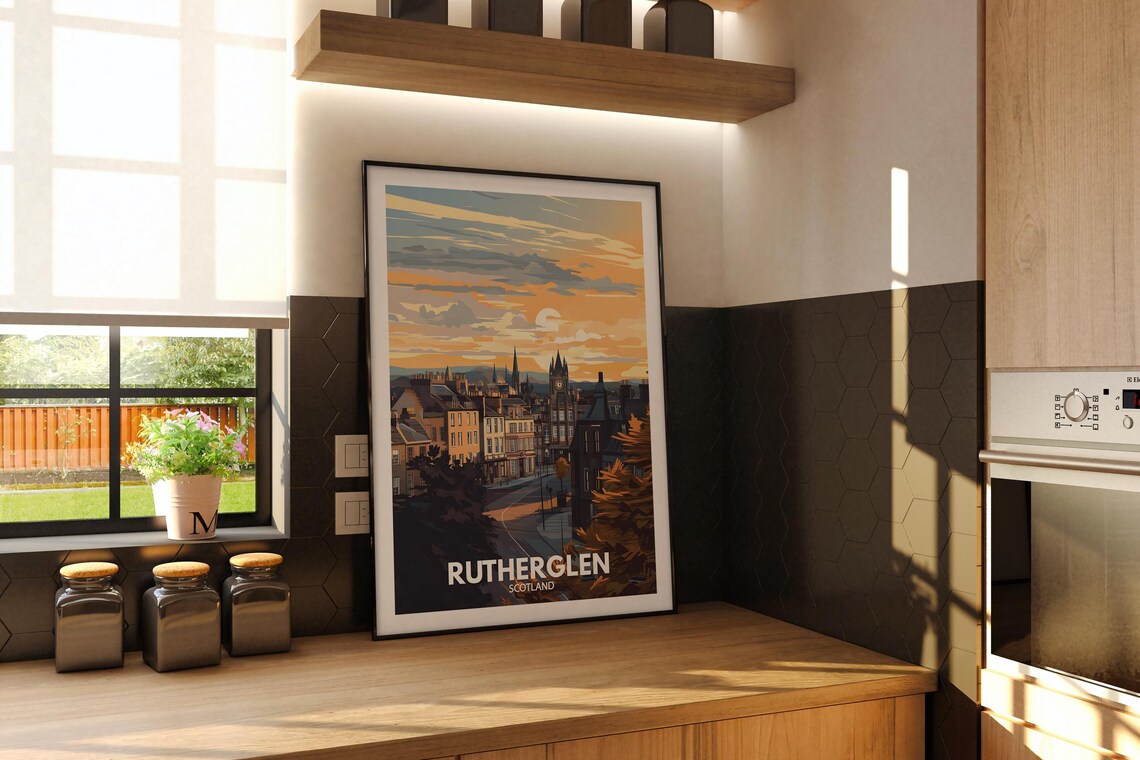 Rutherglen Scotland Sunset Town Clock Tower Golden Travel Poster - Image 2