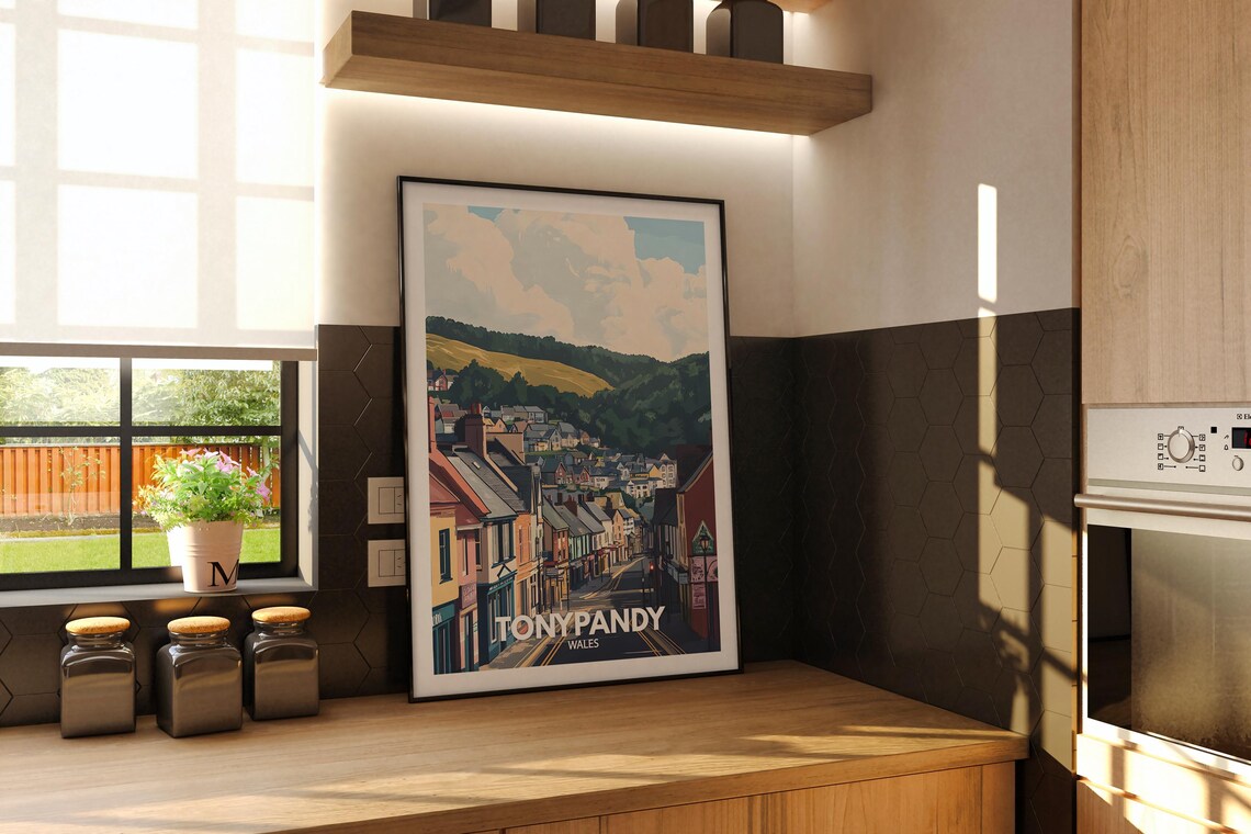 Tonypandy Wales Illustrated Town Travel Poster Valley Street Scene - Image 2