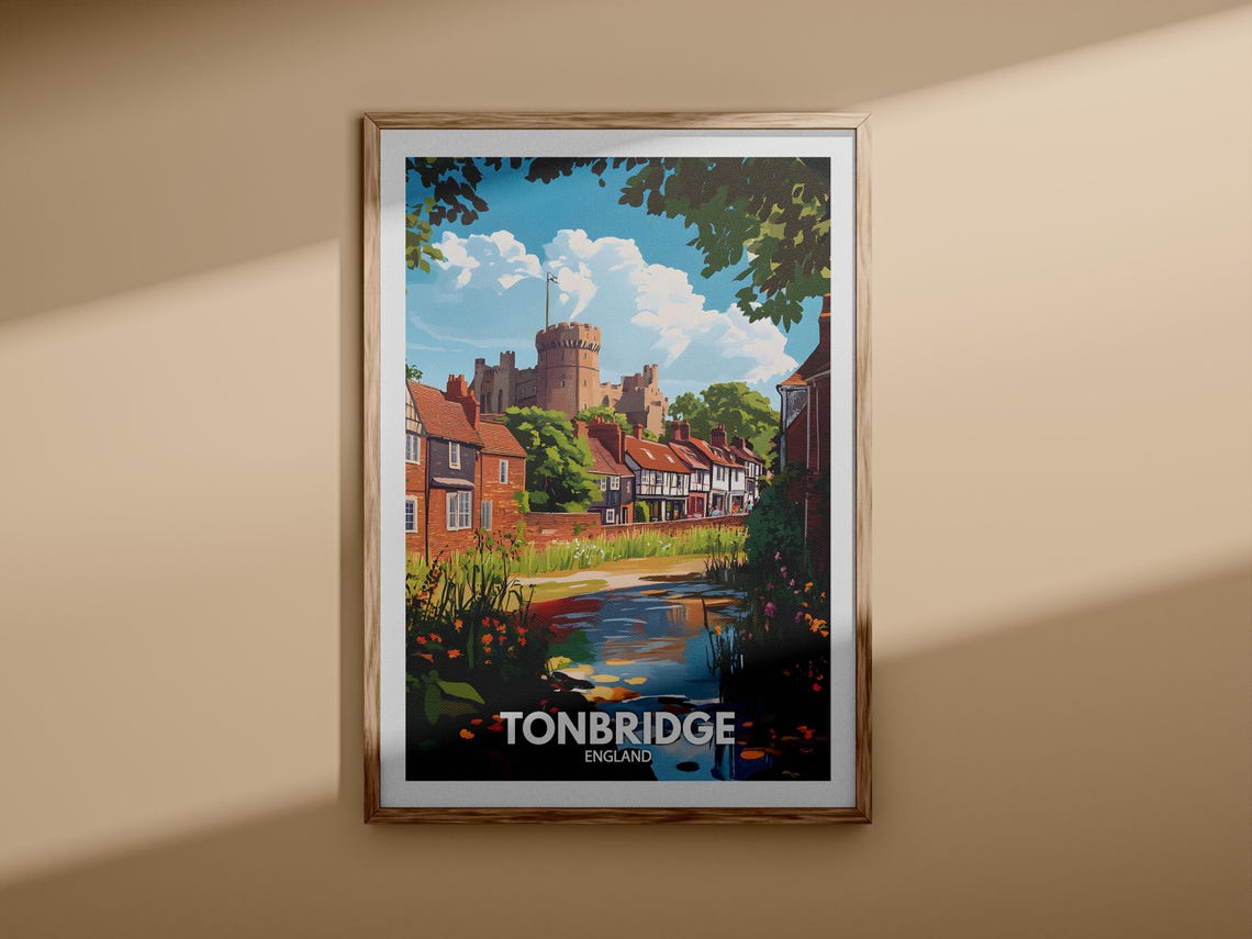 Tonbridge England Castle Riverside Cottages Vintage Travel Art Poster - Image 3