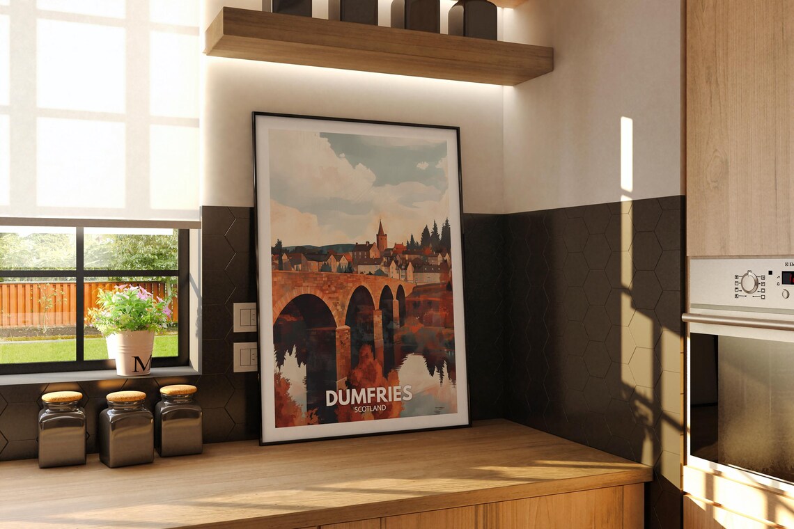 Dumfries Scotland Historic Stone Bridge Riverside Town Travel Poster - Image 2