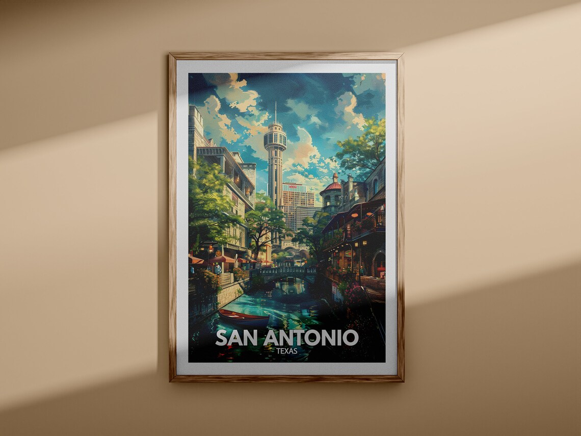 San Antonio Texas Riverwalk Evening Cityscape Travel Art Poster - Image 3