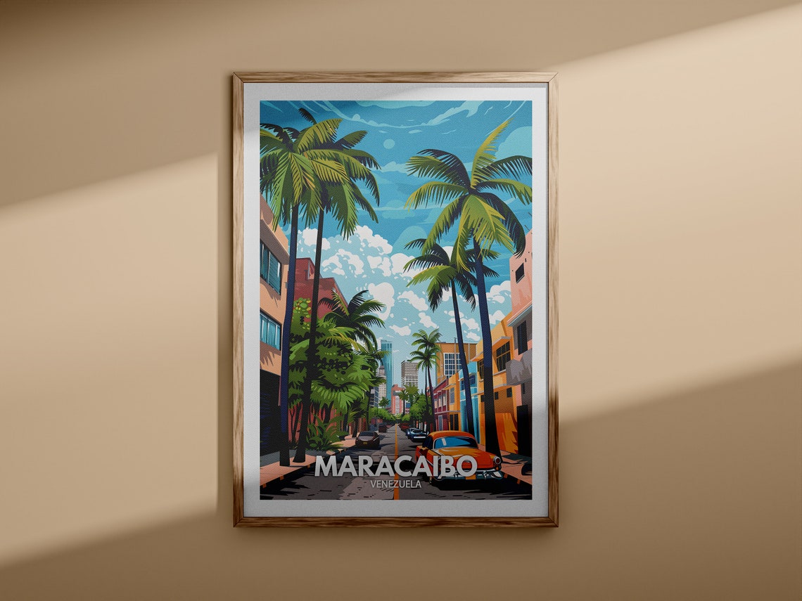 Maracaibo Venezuela Palm Lined Avenue Vintage Car Travel Poster - Image 3