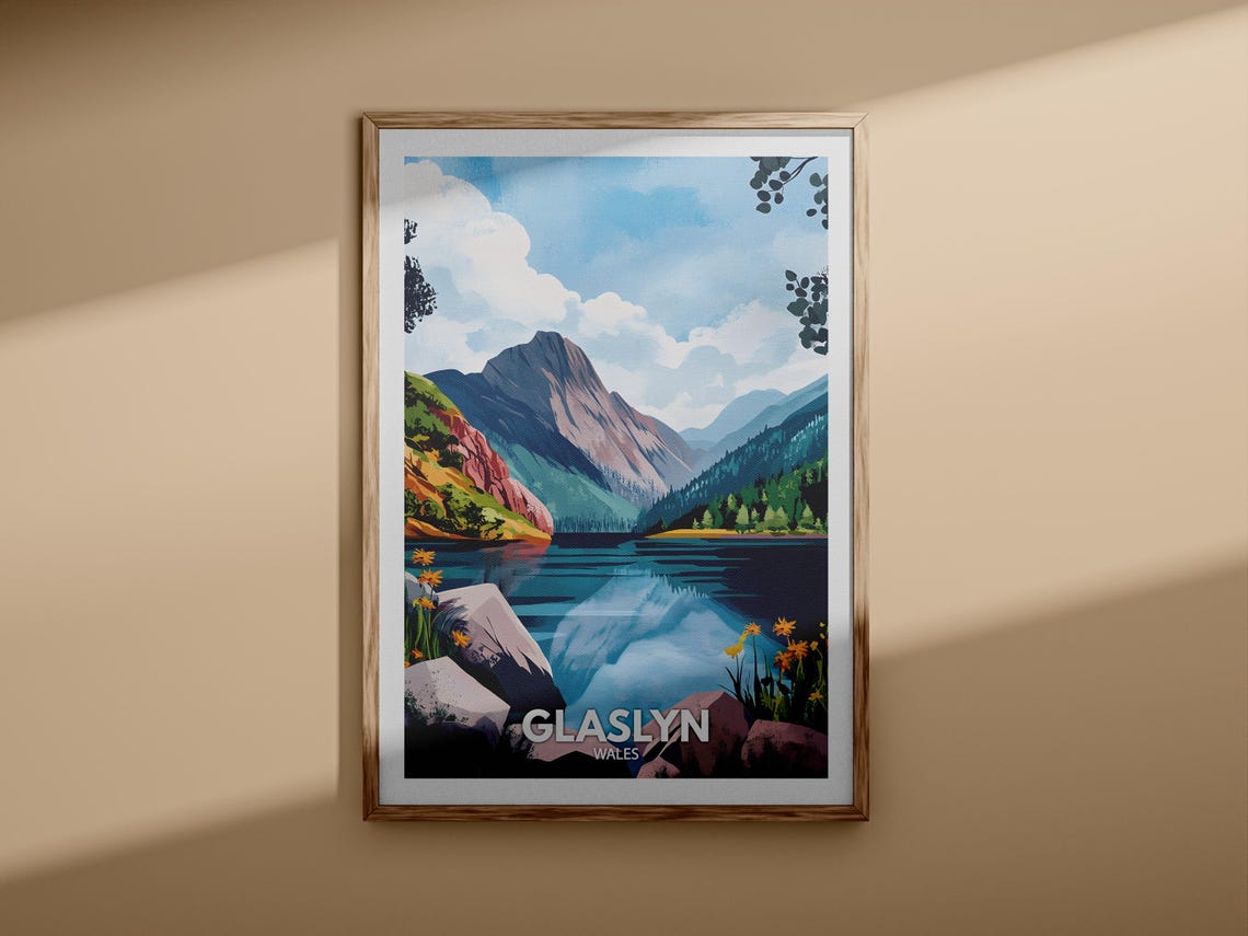 Glaslyn Wales Mountain Reflection Wildflower Lake Travel Poster - Image 3