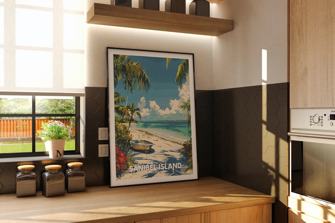 Sanibel Island Florida Beach Boat Palm Trees Turquoise Sea Poster - Image 2