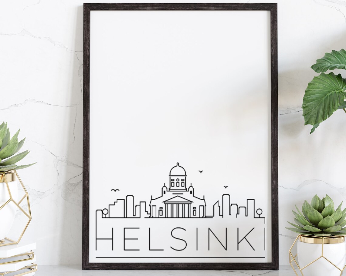Helsinki Finland Minimalist Black White Line Art Skyline City Poster