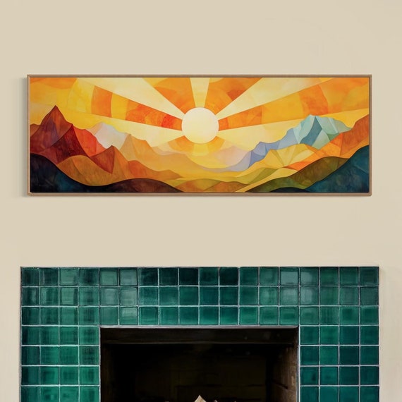 Colorful Abstract Sunrise Wall Art Geometric Sun And Mountain Panoramic Print For Midcentury Modern Above Bed Or Couch Decor