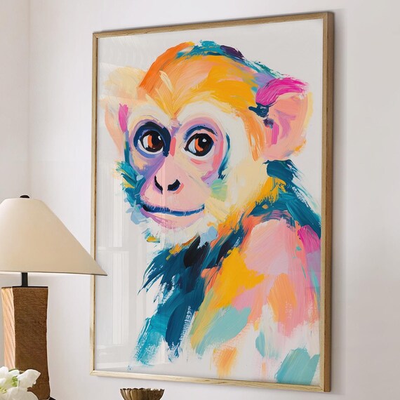 Monkey Colorful Brushstroke Portrait Nursery Kids Room Wall Art