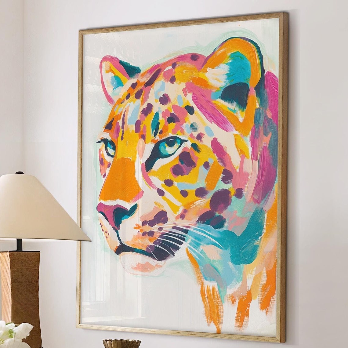 Bold Leopard Colorful Brushstroke Portrait Wild Big Cat Wall Art