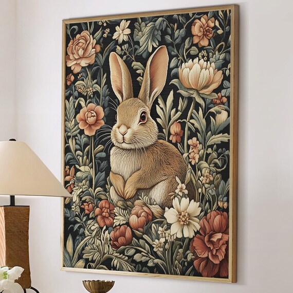 Brown Rabbit Amid Peony Blossoms Dark Floral Tapestry Art Poster