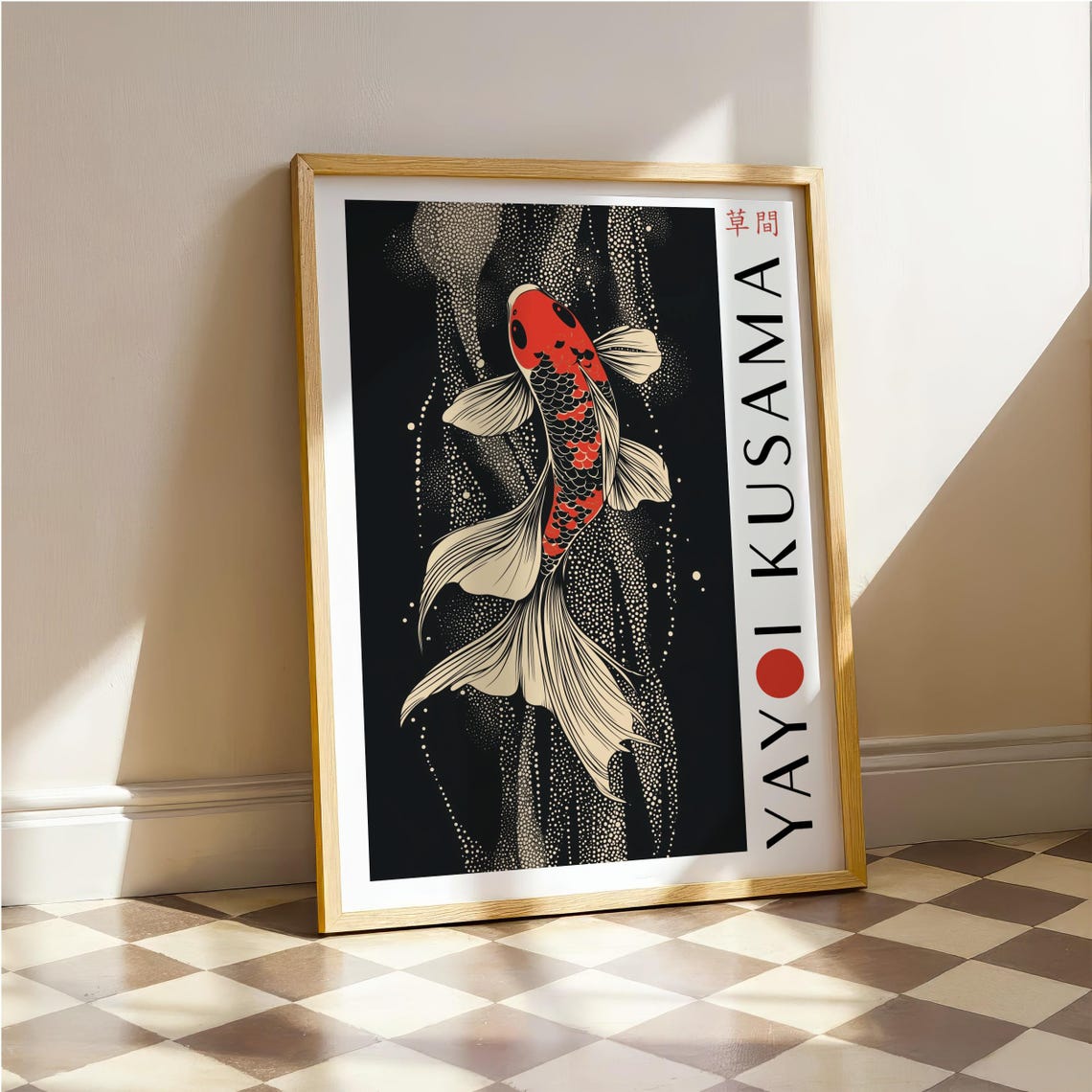 Red And Black Koi Fish In Cascading White Dot Streams Kusama Poster