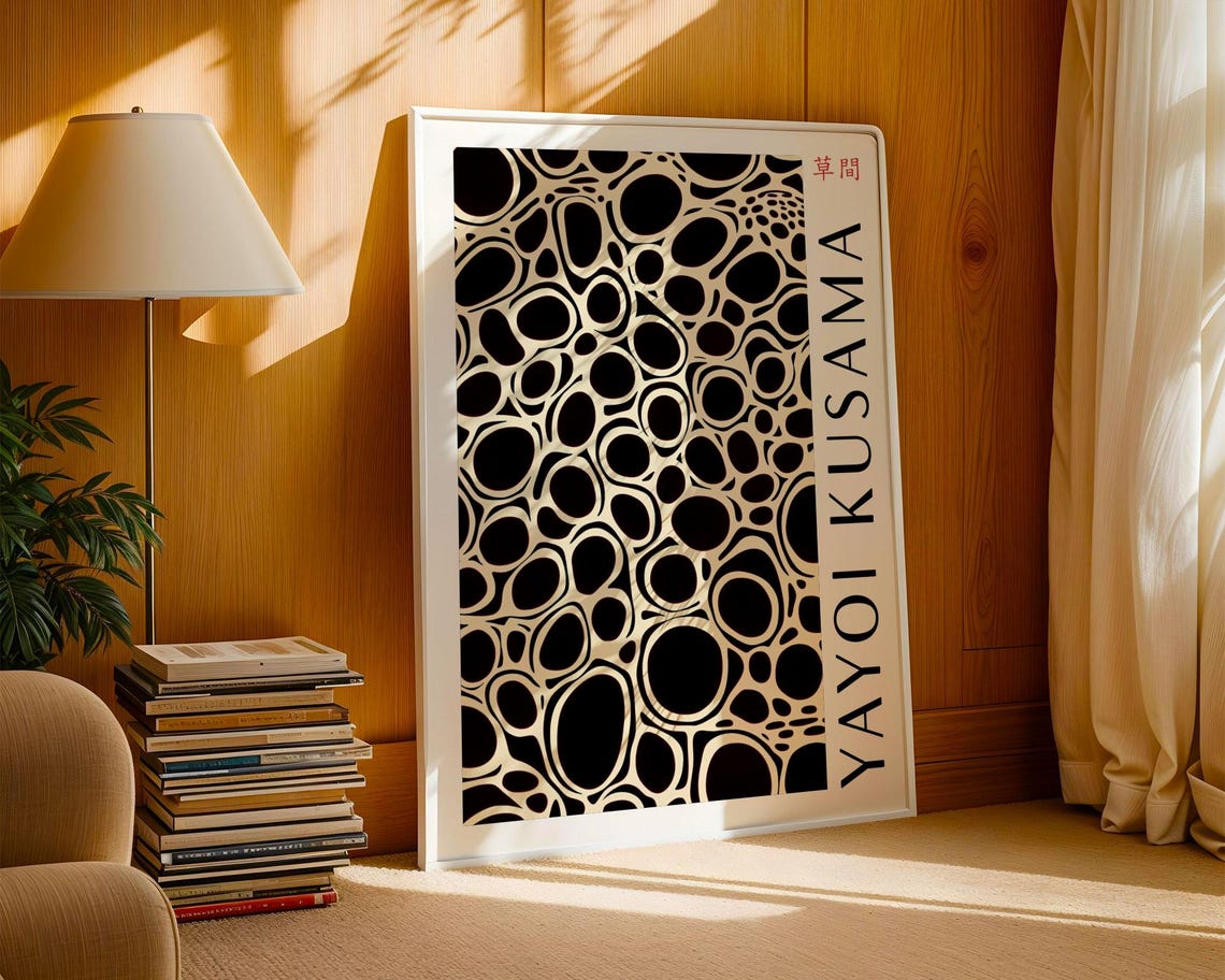 Black And Cream Interlocking Oval Ring Dot Pattern Abstract Poster - Image 3