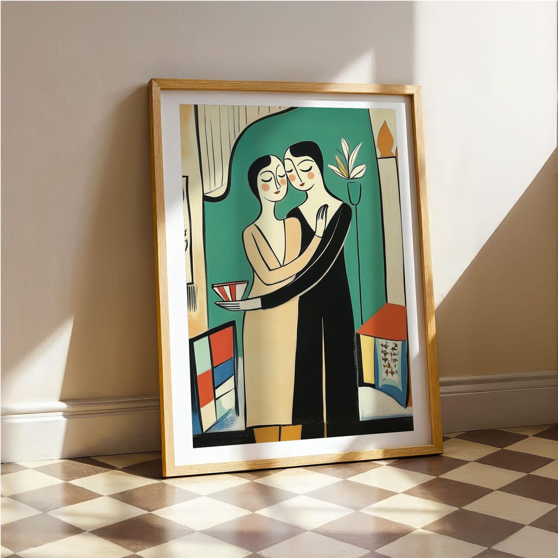 Abstract Embracing Couple On Emerald Green Modern Love Poster