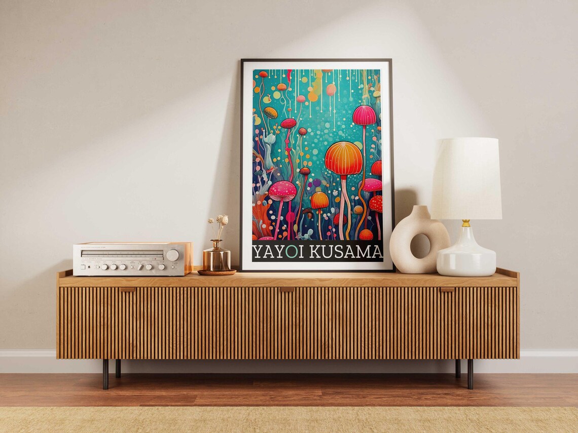 Yayoi Kusama Inspired Whimsical Mushroom Garden Scene Art Poster - Image 5