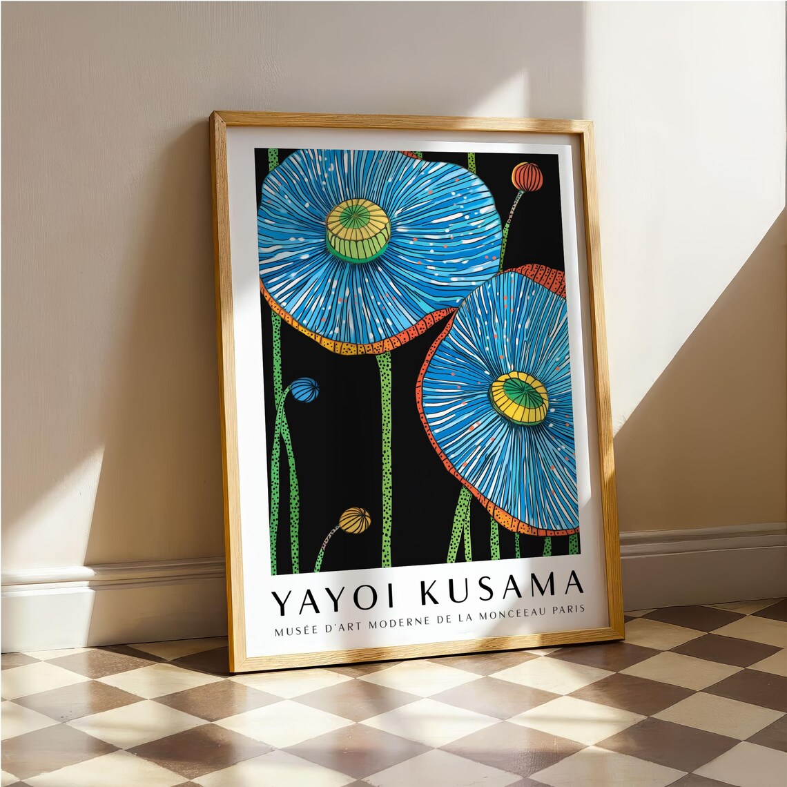 Yayoi Kusama Vivid Blue Poppy Flowers on Black Museum Poster