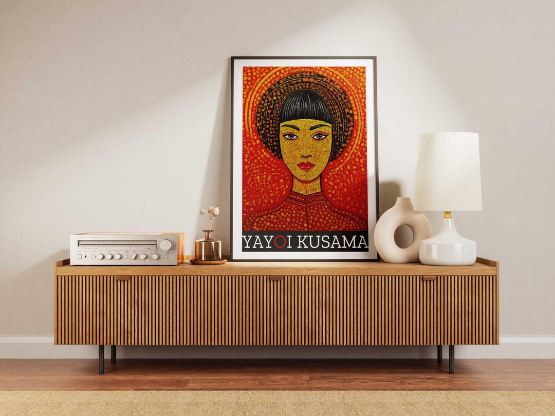 Yayoi Kusama Inspired Dotted Woman Portrait on Red Art Poster - Image 5