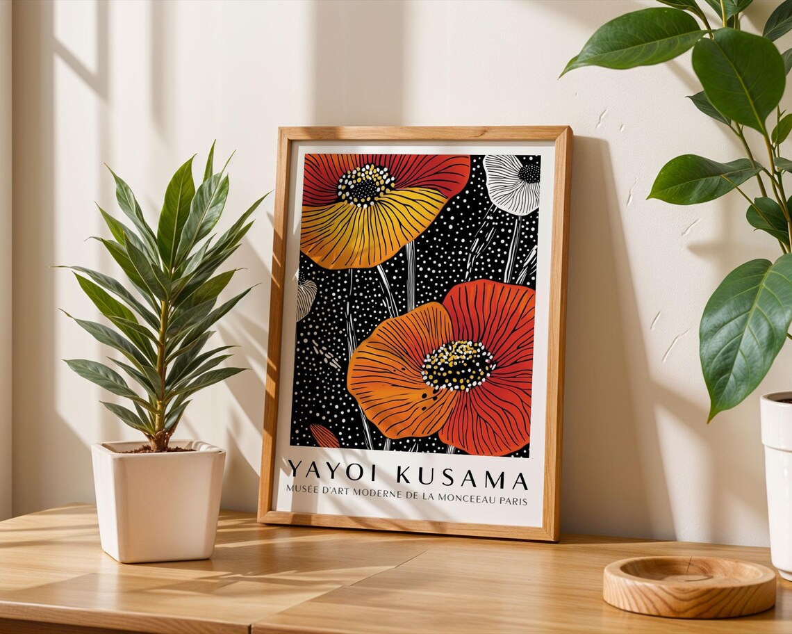 Yayoi Kusama Fiery Red Poppy Flowers on Black Dotted Museum Poster - Image 6