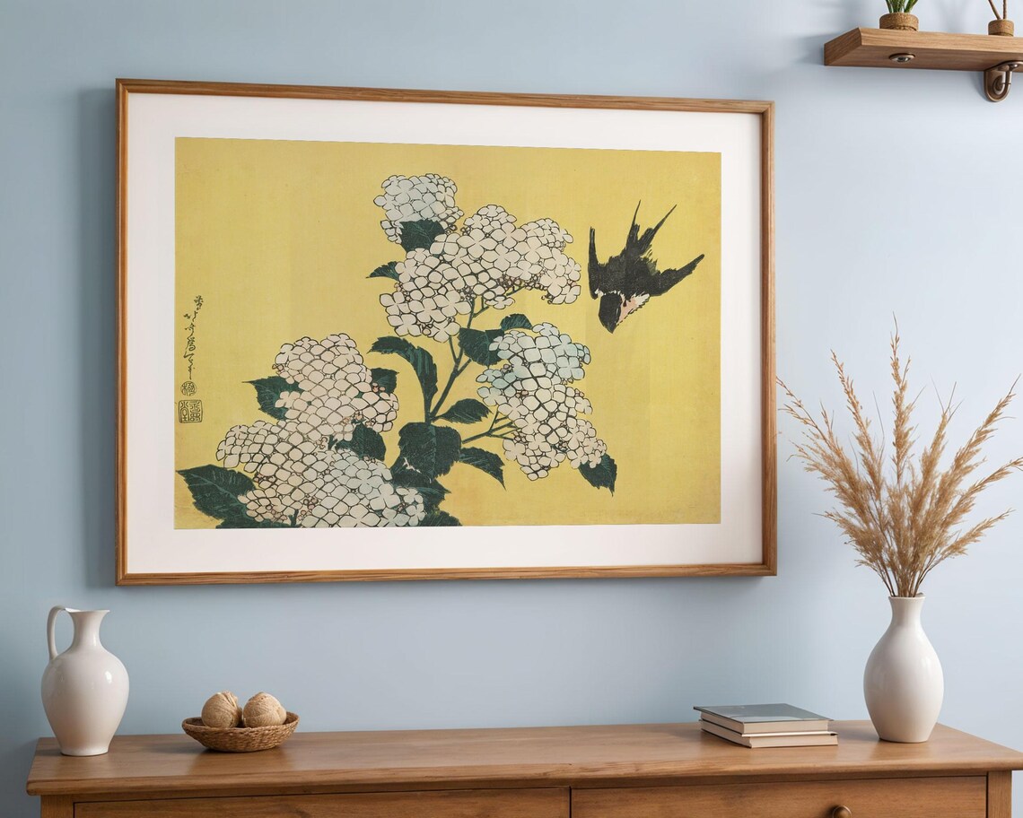 Katsushika Hokusai Print, Hydrangeas and Swallow - Image 4