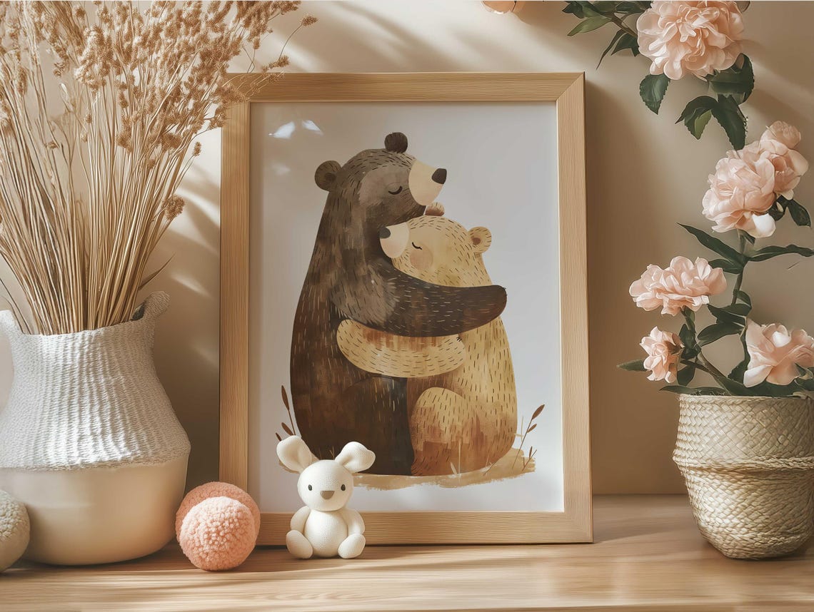 Two Brown Bears Hugging In Tall Grass Woodland Nursery Poster - Image 5
