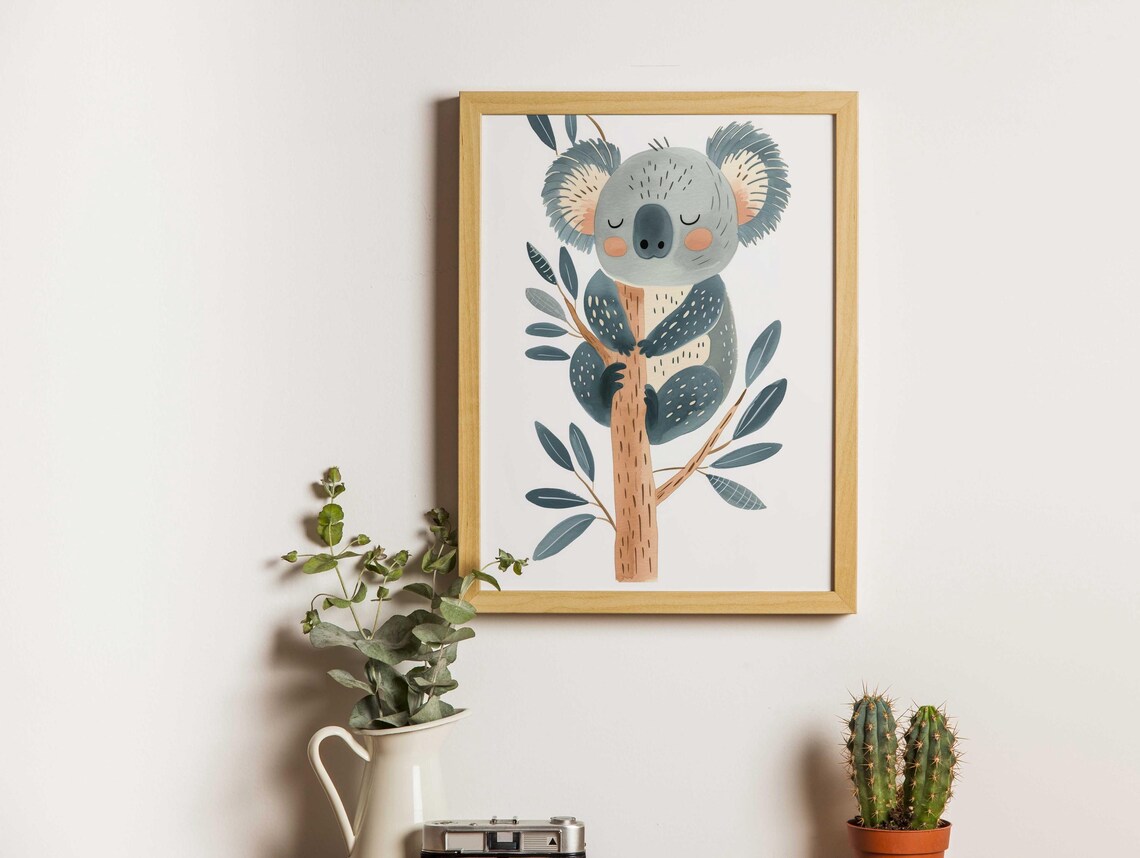 Sweet Sleeping Koala on Branch Soft Watercolor Nursery Wall Art - Image 6