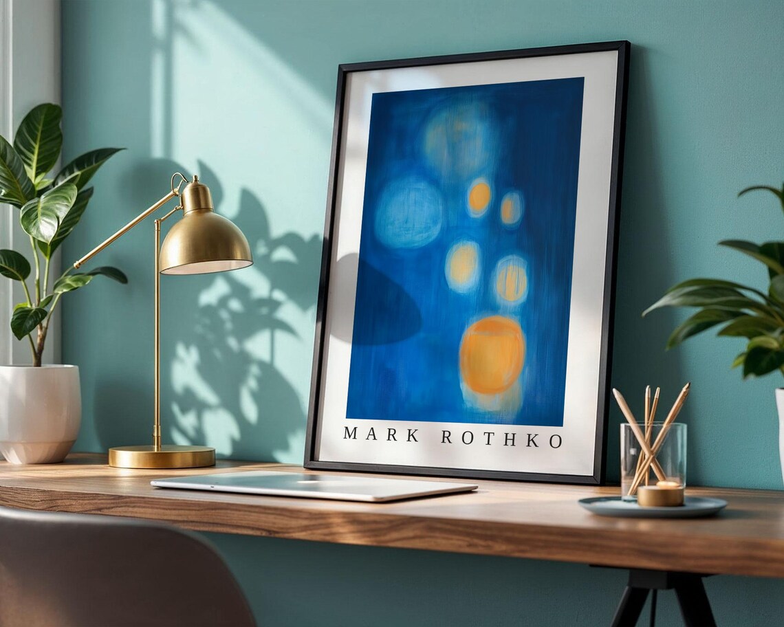 Mark Rothko Glowing Orange Orbs Drifting on a Deep Blue Night Sky Poster - Image 2