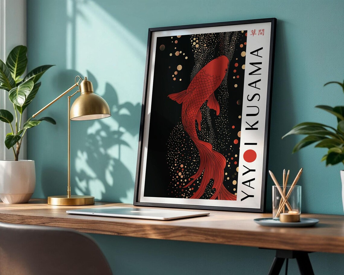 Yayoi Kusama Red Koi Fish Swimming in a Dotted Night Art Poster - Image 4