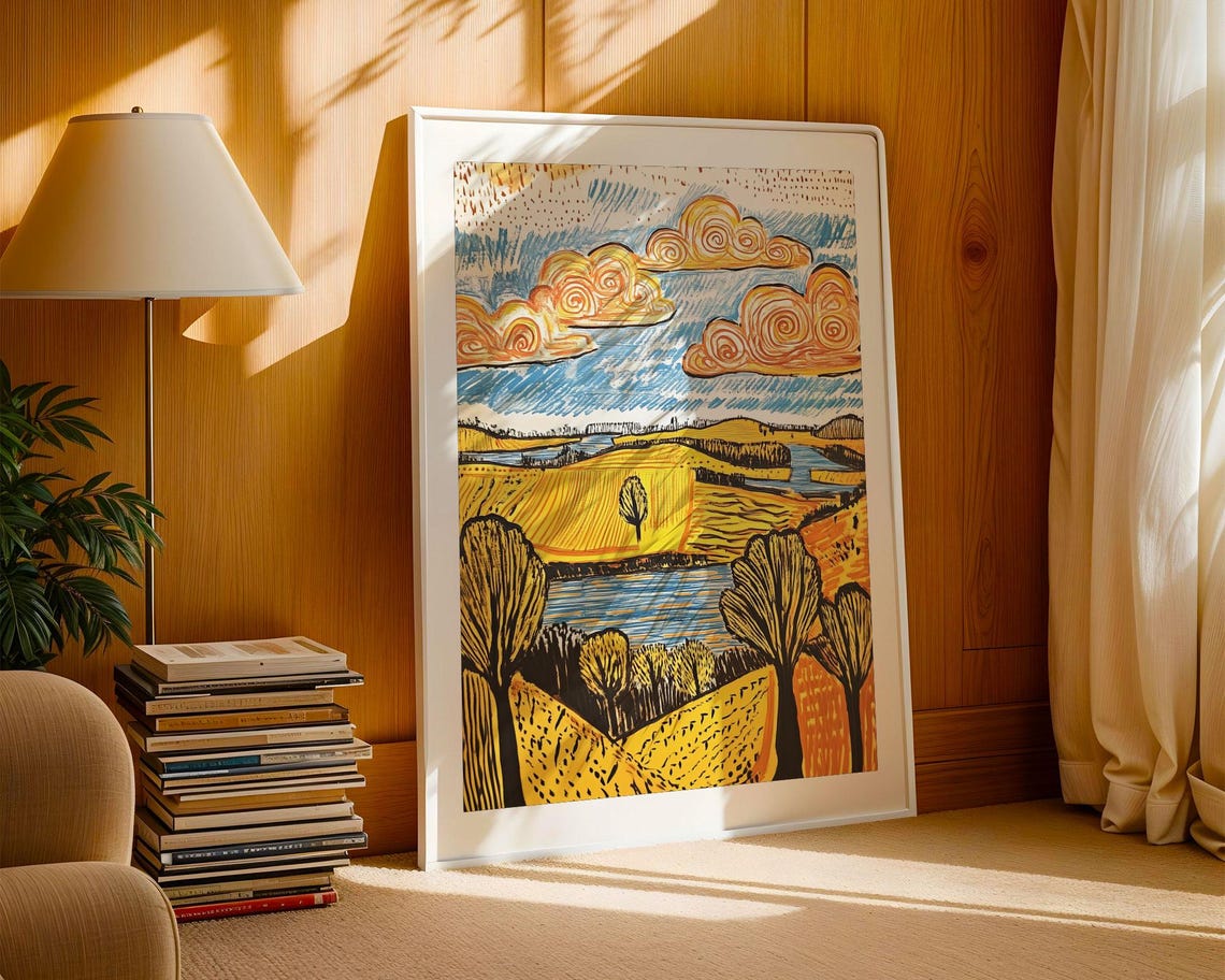 Golden Wheat Fields Blue River Swirling Clouds Landscape Poster - Image 3