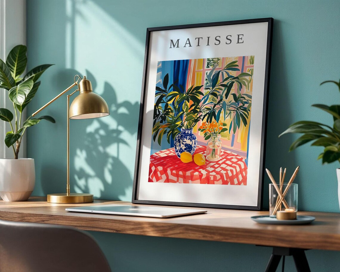 Matisse-Style Palm Plant Porcelain Vase Red Checkered Cloth Poster - Image 2