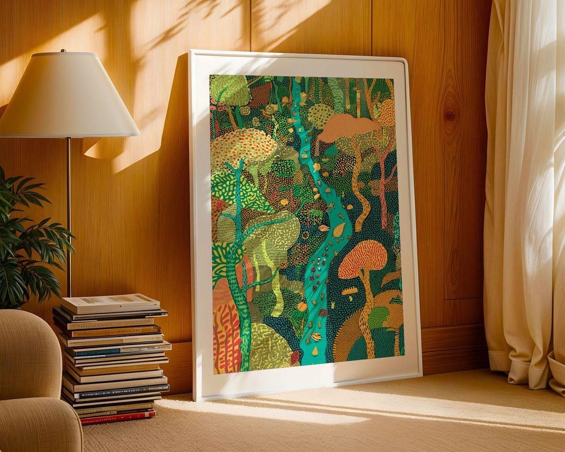 Dense Dotted Forest With Teal River Flowing Abstract Nature Poster - Image 3
