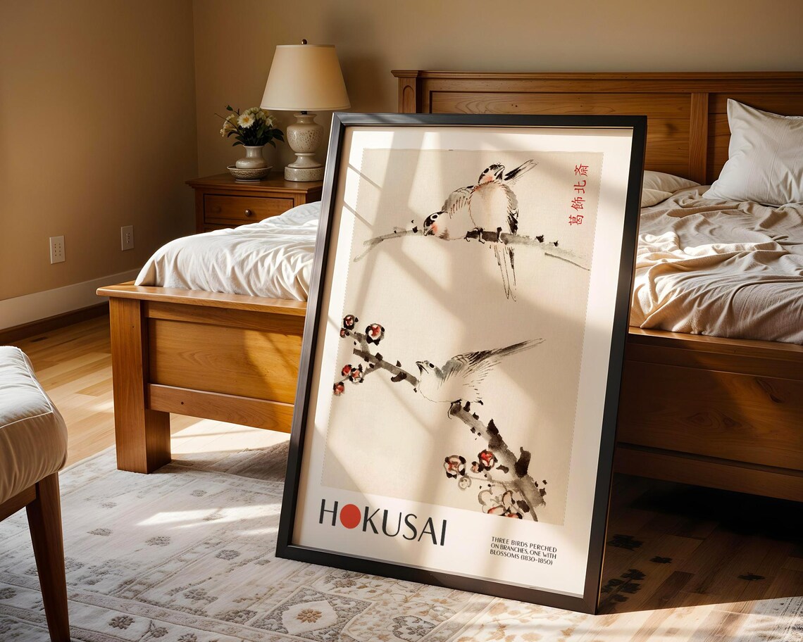 Katsushika Hokusai Three Birds Perched On Branches Art Print - Image 4