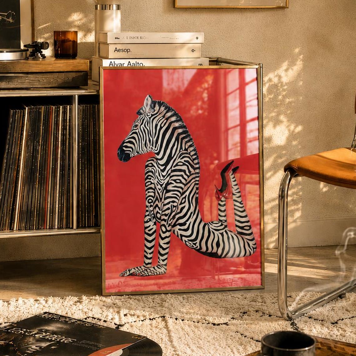 Zebra Body Paint Woman Poster Funky Red Background Bar Decor Art