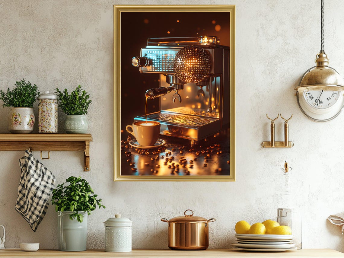 Retro Espresso Machine Pouring Coffee Dark Moody Cafe Poster